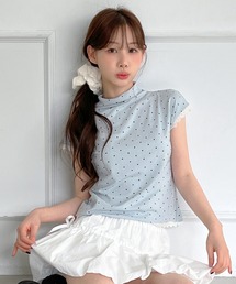 レースドット ハイネック半袖Tシャツ