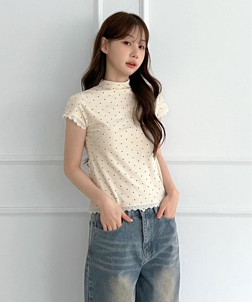 by muni:r(バイ ムニール)の「レースドット ハイネック半袖Tシャツ(Tシャツ/カットソー・レディース・スカイブルー/クリーム/ブラック/グレー/アイボリー・FREE)」の10枚目の写真
