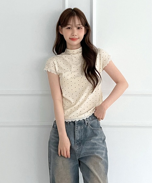 by muni:r(バイ ムニール)の「レースドット ハイネック半袖Tシャツ(Tシャツ/カットソー・レディース・スカイブルー/クリーム/ブラック/グレー/アイボリー・FREE)」の11枚目の写真