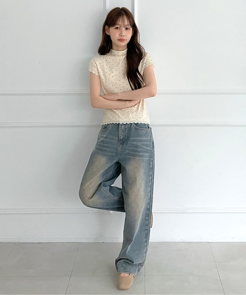 by muni:r(バイ ムニール)の「レースドット ハイネック半袖Tシャツ(Tシャツ/カットソー・レディース・スカイブルー/クリーム/ブラック/グレー/アイボリー・FREE)」の12枚目の写真