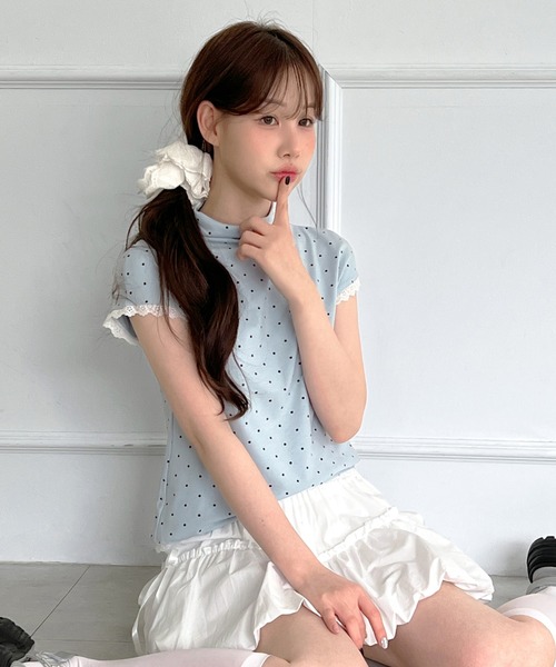 by muni:r(バイ ムニール)の「レースドット ハイネック半袖Tシャツ(Tシャツ/カットソー・レディース・スカイブルー/クリーム/ブラック/グレー/アイボリー・FREE)」の14枚目の写真