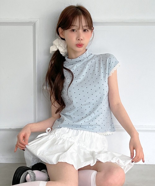 by muni:r(バイ ムニール)の「レースドット ハイネック半袖Tシャツ(Tシャツ/カットソー・レディース・スカイブルー/クリーム/ブラック/グレー/アイボリー・FREE)」の15枚目の写真