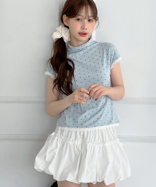 by muni:r(バイ ムニール)の「レースドット ハイネック半袖Tシャツ(Tシャツ/カットソー・レディース・スカイブルー/クリーム/ブラック/グレー/アイボリー・FREE)」の16枚目の写真