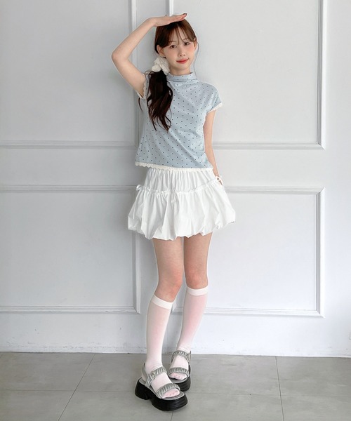 by muni:r(バイ ムニール)の「レースドット ハイネック半袖Tシャツ(Tシャツ/カットソー・レディース・スカイブルー/クリーム/ブラック/グレー/アイボリー・FREE)」の21枚目の写真