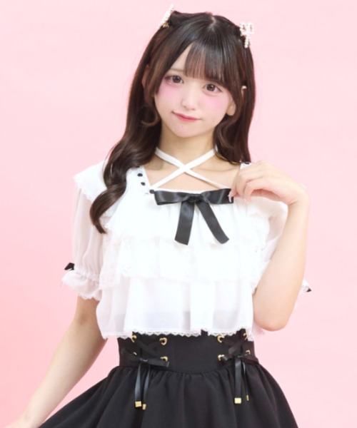 Secret Honey(シークレットハニー)の「3段ティアードトップス(Tシャツ/カットソー・レディース・ブラック/オフホワイト・FREE)」の1枚目の写真