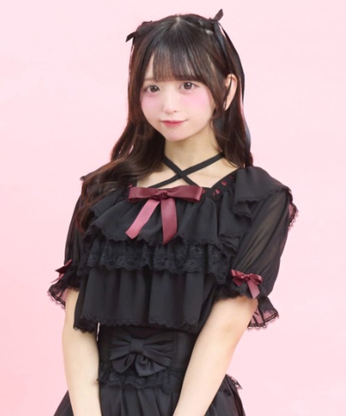 Secret Honey(シークレットハニー)の「3段ティアードトップス(Tシャツ/カットソー・レディース・ブラック/オフホワイト・FREE)」の2枚目の写真