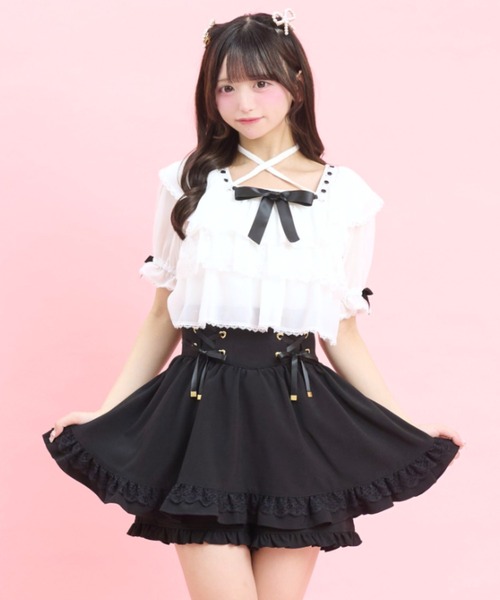 Secret Honey(シークレットハニー)の「3段ティアードトップス(Tシャツ/カットソー・レディース・ブラック/オフホワイト・FREE)」の4枚目の写真