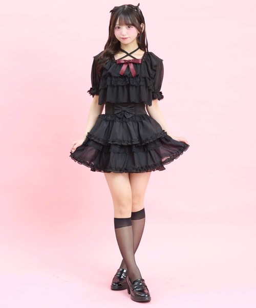 Secret Honey(シークレットハニー)の「3段ティアードトップス(Tシャツ/カットソー・レディース・ブラック/オフホワイト・FREE)」の6枚目の写真