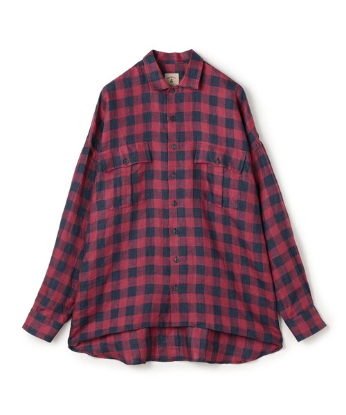 新品　ギローバー　長袖シャツ　M チェック 別注】GUY ROVER リネンチェック オーバーシャツ（シャツ/ブラウス