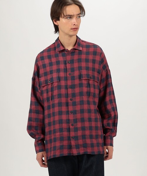 新品　ギローバー　長袖シャツ　M チェック 別注】GUY ROVER リネンチェック オーバーシャツ（シャツ/ブラウス