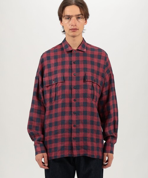 GUY ROVER（ギローバー）の「【別注】GUY ROVER リネンチェック オーバーシャツ（シャツ/ブラウス・メンズ・レッド系その他/グリーン系その他・S/M）」の4枚目の写真