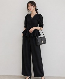 ペプラムハーフスリーブニット 美ラインワイドパンツ 2 点セットアップ レディース