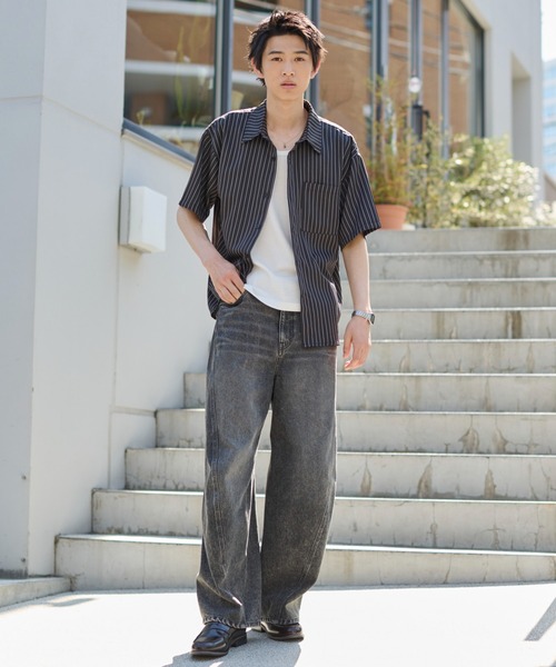 WEGO(ウィゴー)の「WEGO/クロップドSSピンストライプシャツ(シャツ/ブラウス・メンズ・ブラック系その他4/ブルー系その他4・LARGE/MEDIUM)」の10枚目の写真