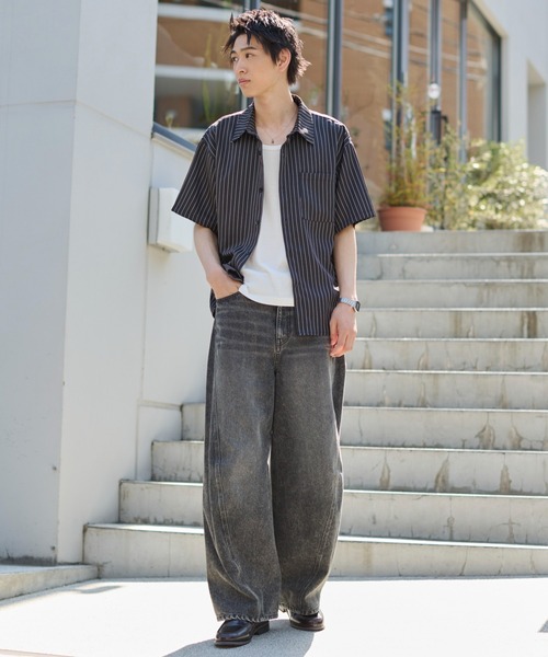 WEGO(ウィゴー)の「WEGO/クロップドSSピンストライプシャツ(シャツ/ブラウス・メンズ・ブラック系その他4/ブルー系その他4・LARGE/MEDIUM)」の9枚目の写真