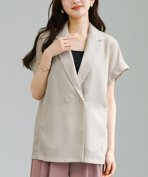 Emilyan(エミリアン)の「【 抜け感シアー 】 変わり織メッシュ・フレンチスリーブジャケット(テーラードジャケット・レディース・ネイビー/ベージュ/ブラック・M)」の3枚目の写真