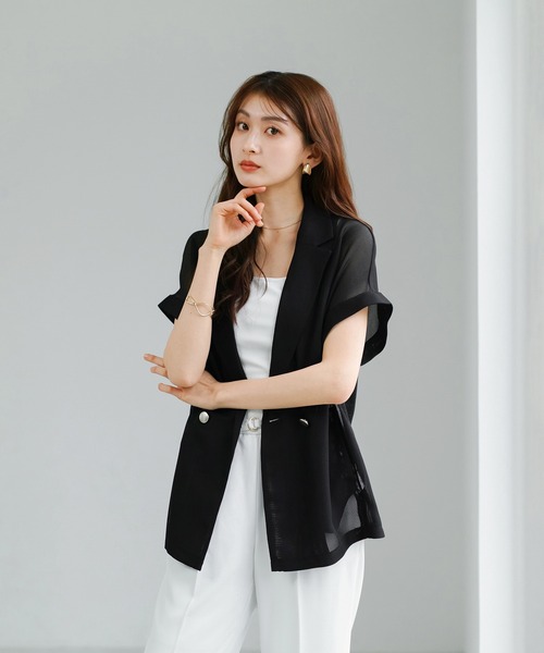 Emilyan(エミリアン)の「【 抜け感シアー 】 変わり織メッシュ・フレンチスリーブジャケット(テーラードジャケット・レディース・ネイビー/ベージュ/ブラック・M)」の17枚目の写真