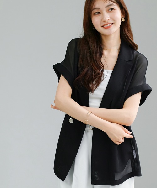 Emilyan(エミリアン)の「【 抜け感シアー 】 変わり織メッシュ・フレンチスリーブジャケット(テーラードジャケット・レディース・ネイビー/ベージュ/ブラック・M)」の19枚目の写真