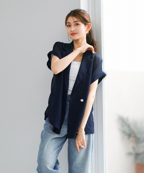 Emilyan(エミリアン)の「【 抜け感シアー 】 変わり織メッシュ・フレンチスリーブジャケット(テーラードジャケット・レディース・ネイビー/ベージュ/ブラック・M)」の15枚目の写真