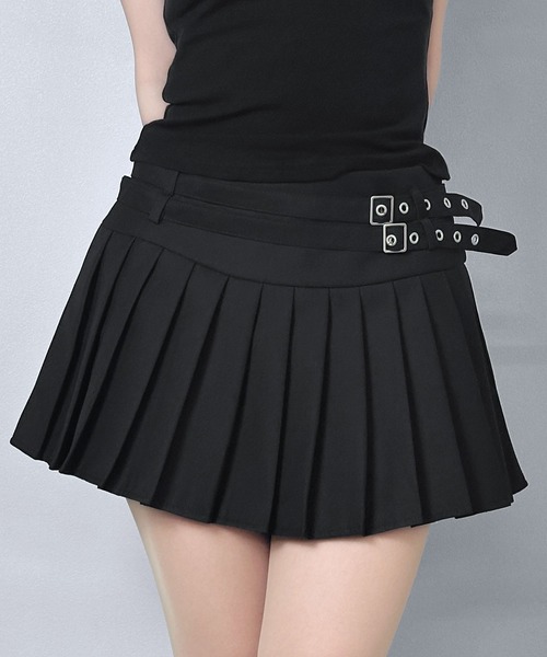FOLLOWIN(フォロウィン)の「【3COLOR】ダブルベルト プリーツミニスカート(スカート・レディース・ホワイト/ブラック/グレー・SMALL/MEDIUM/LARGE)」の1枚目の写真