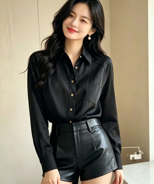 AsheKsha（アシクシャ）の「高級感のあるサテン通勤シャツ（シャツ/ブラウス・レディース・ブラック/グレー・M）」の2枚目の写真