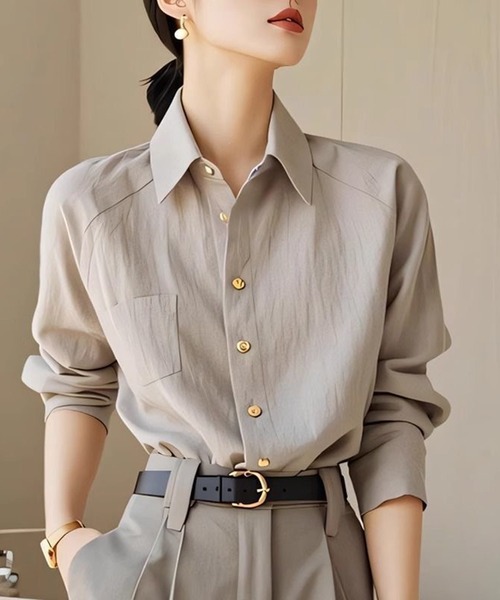 AsheKsha（アシクシャ）の「高級感のあるサテン通勤シャツ（シャツ/ブラウス・レディース・ブラック/グレー・M）」の5枚目の写真