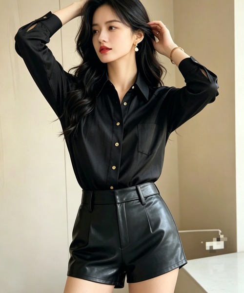 AsheKsha（アシクシャ）の「高級感のあるサテン通勤シャツ（シャツ/ブラウス・レディース・ブラック/グレー・M）」の14枚目の写真