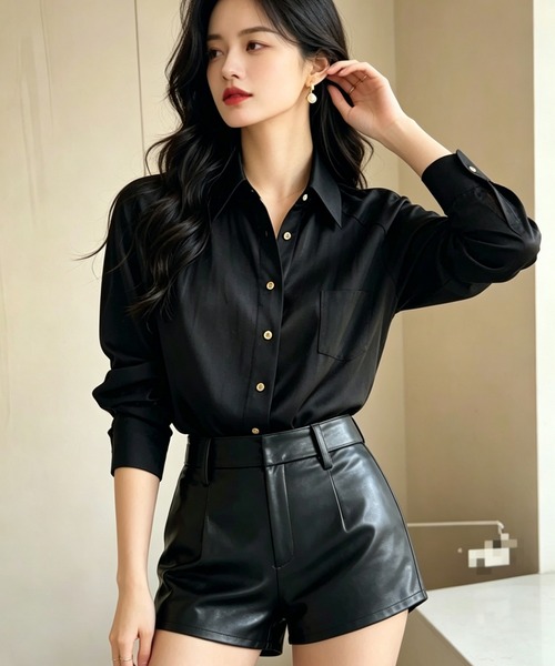 AsheKsha（アシクシャ）の「高級感のあるサテン通勤シャツ（シャツ/ブラウス・レディース・ブラック/グレー・M）」の15枚目の写真