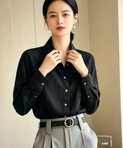 AsheKsha（アシクシャ）の「高級感のあるサテン通勤シャツ（シャツ/ブラウス・レディース・ブラック/グレー・M）」の16枚目の写真