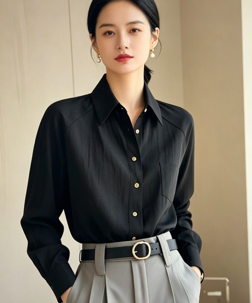 AsheKsha（アシクシャ）の「高級感のあるサテン通勤シャツ（シャツ/ブラウス・レディース・ブラック/グレー・M）」の18枚目の写真