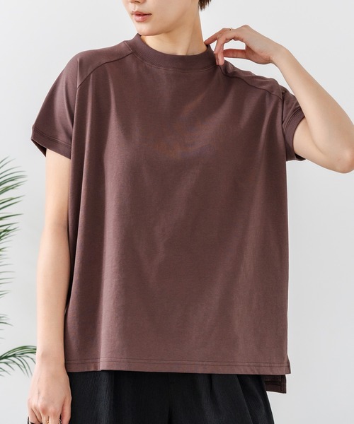 fort point(フォーポイント)の「【C-FORTPOINT/フォートポイント】【上品なモックネックデザイン 接触冷感機能付き】 モックネックフレンチスリーブTシャツ プチハイネック ボトルネック ひんやり涼しい 華奢見え(Tシャツ/カットソー・レディース・ブラック/オフホワイト/ブラウン/グリーン・FREE)」の2枚目の写真
