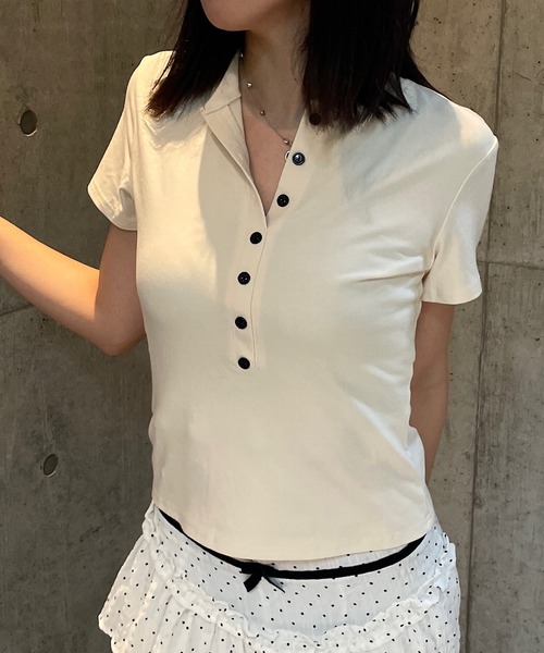 ROGER AND RAW(ロジャーアンドロウ)の「ヘンリーネック半袖トップス(Tシャツ/カットソー・レディース・ブラック/グレー/アイボリー・FREE)」の1枚目の写真