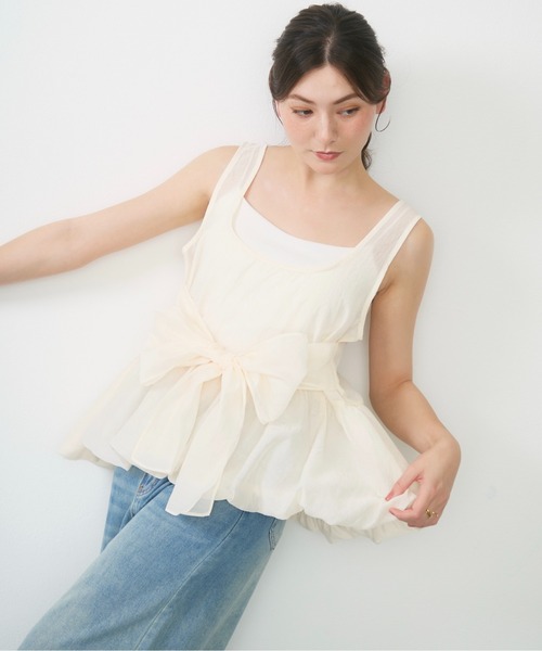 Lunea(ルネア)の「2wayリボンペプラムトップス / ribbon detail peplum top(タンクトップ・レディース・アイボリー/ブラック・FREE)」の21枚目の写真