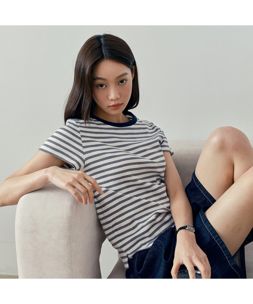 MIND BRIDGE WOMEN（マインドブリッジウーマン）の「[W]変形リブストライプ半袖Tシャツ - 2カラー（Tシャツ/カットソー・レディース・ブルー/アイボリー・55/66）」の2枚目の写真