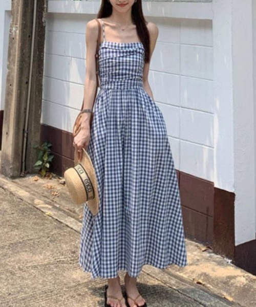 LUCPY(ラクピー)の「ギンガムチェックシャーリングキャミワンピース(ワンピース・レディース・ブルー・LARGE/MEDIUM/SMALL/X-LARGE)」の3枚目の写真