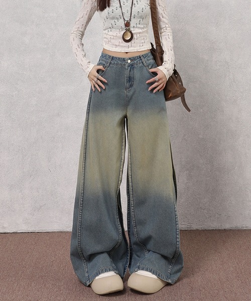 2ly2（トゥーリートゥー）の「デニムパンツ ワイド レディース ロング グラデーション ハイウエスト 無地 ルーズ ストレート ブルー（デニムパンツ・レディース・ブルー・FREE）」の2枚目の写真