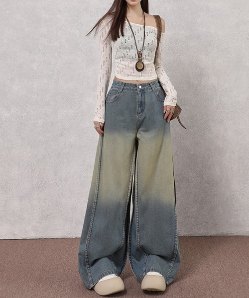 2ly2（トゥーリートゥー）の「デニムパンツ ワイド レディース ロング グラデーション ハイウエスト 無地 ルーズ ストレート ブルー（デニムパンツ・レディース・ブルー・FREE）」の5枚目の写真