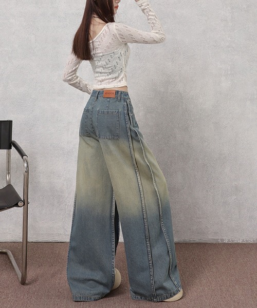2ly2（トゥーリートゥー）の「デニムパンツ ワイド レディース ロング グラデーション ハイウエスト 無地 ルーズ ストレート ブルー（デニムパンツ・レディース・ブルー・FREE）」の6枚目の写真