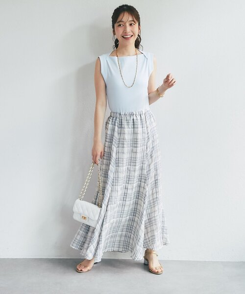 La boutique BonBon(ラブティックボンボン)の「【ウエスト調節可能・ゆれる美シルエット】シアーチェックスカート(スカート・レディース・オフホワイト/ネイビー・FREE)」の12枚目の写真