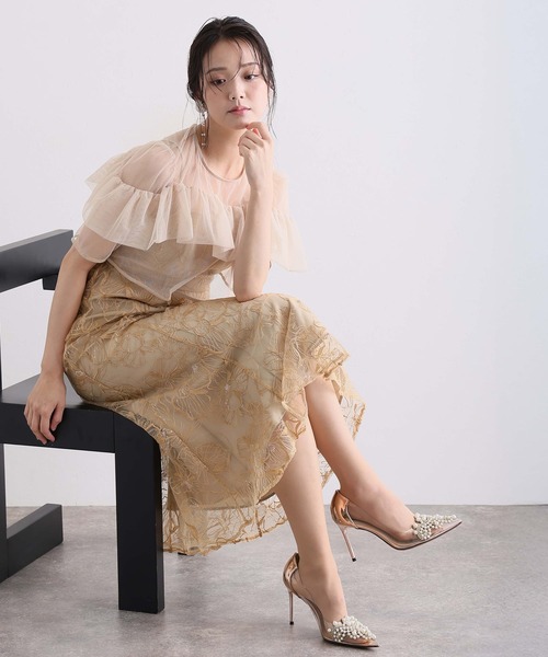 PourVous（プールヴー）の「スパンコール ヨークフリル レース ボレロ パーティードレス セレモニー ミモレ丈&袖あり 結婚式二次会 フォーマル お呼ばれ オケージョンドレス 同窓会成人式（ドレス・レディース・ベージュ/ブルー/ブラック・M）」の3枚目の写真