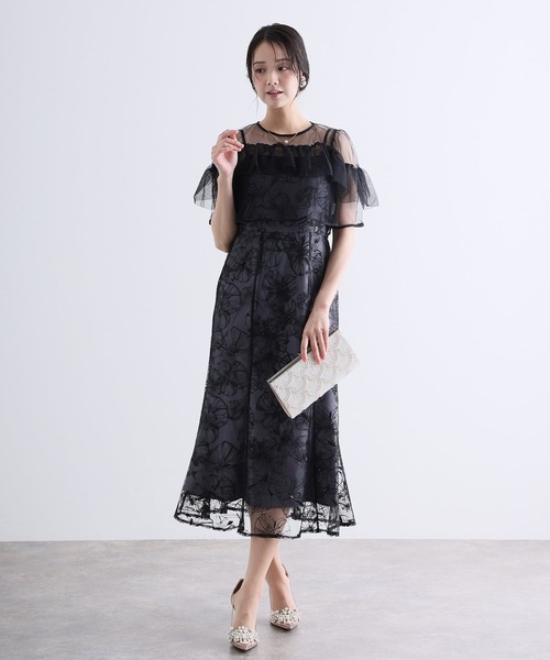 PourVous（プールヴー）の「スパンコール ヨークフリル レース ボレロ パーティードレス セレモニー ミモレ丈&袖あり 結婚式二次会 フォーマル お呼ばれ オケージョンドレス 同窓会成人式（ドレス・レディース・ベージュ/ブルー/ブラック・M）」の4枚目の写真