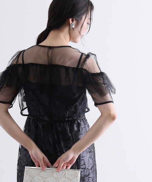 PourVous（プールヴー）の「スパンコール ヨークフリル レース ボレロ パーティードレス セレモニー ミモレ丈&袖あり 結婚式二次会 フォーマル お呼ばれ オケージョンドレス 同窓会成人式（ドレス・レディース・ベージュ/ブルー/ブラック・M）」の5枚目の写真