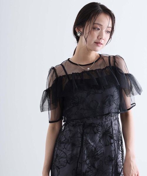 PourVous（プールヴー）の「スパンコール ヨークフリル レース ボレロ パーティードレス セレモニー ミモレ丈&袖あり 結婚式二次会 フォーマル お呼ばれ オケージョンドレス 同窓会成人式（ドレス・レディース・ベージュ/ブルー/ブラック・M）」の6枚目の写真