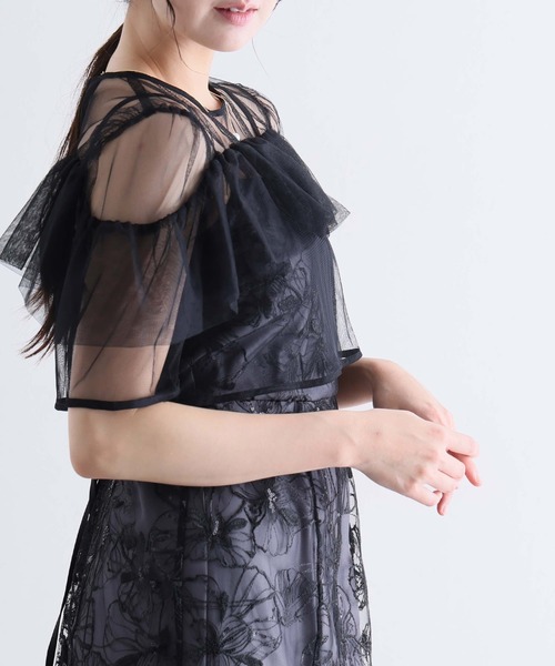 PourVous（プールヴー）の「スパンコール ヨークフリル レース ボレロ パーティードレス セレモニー ミモレ丈&袖あり 結婚式二次会 フォーマル お呼ばれ オケージョンドレス 同窓会成人式（ドレス・レディース・ベージュ/ブルー/ブラック・M）」の8枚目の写真