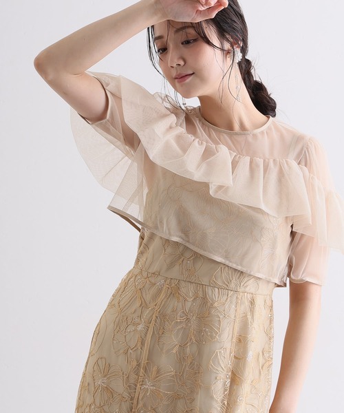PourVous（プールヴー）の「スパンコール ヨークフリル レース ボレロ パーティードレス セレモニー ミモレ丈&袖あり 結婚式二次会 フォーマル お呼ばれ オケージョンドレス 同窓会成人式（ドレス・レディース・ベージュ/ブルー/ブラック・M）」の17枚目の写真
