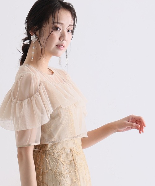 PourVous（プールヴー）の「スパンコール ヨークフリル レース ボレロ パーティードレス セレモニー ミモレ丈&袖あり 結婚式二次会 フォーマル お呼ばれ オケージョンドレス 同窓会成人式（ドレス・レディース・ベージュ/ブルー/ブラック・M）」の22枚目の写真