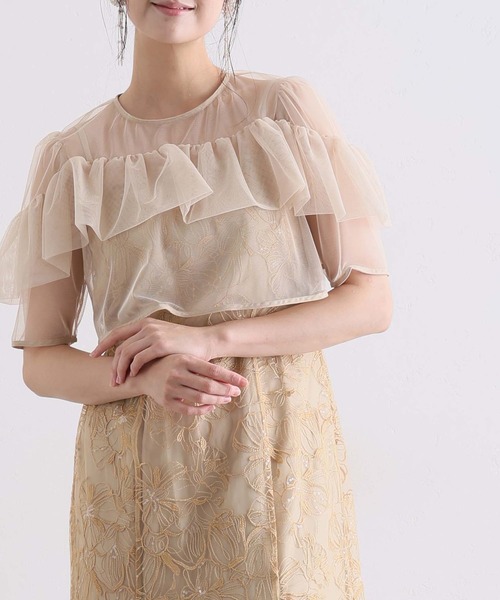 PourVous（プールヴー）の「スパンコール ヨークフリル レース ボレロ パーティードレス セレモニー ミモレ丈&袖あり 結婚式二次会 フォーマル お呼ばれ オケージョンドレス 同窓会成人式（ドレス・レディース・ベージュ/ブルー/ブラック・M）」の11枚目の写真