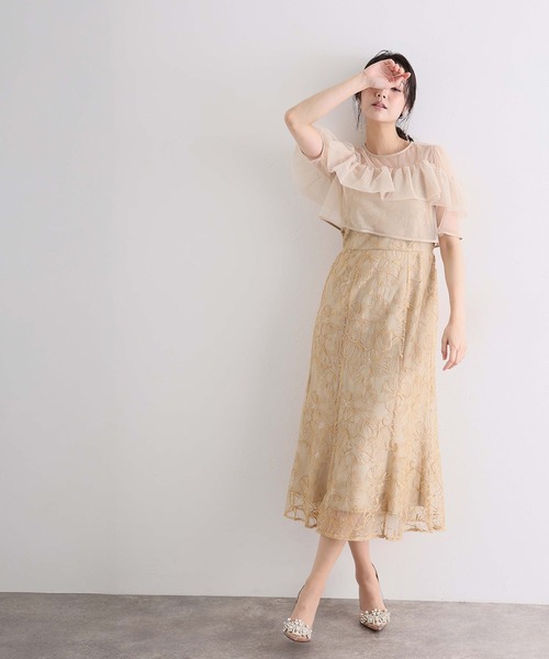 PourVous（プールヴー）の「スパンコール ヨークフリル レース ボレロ パーティードレス セレモニー ミモレ丈&袖あり 結婚式二次会 フォーマル お呼ばれ オケージョンドレス 同窓会成人式（ドレス・レディース・ベージュ/ブルー/ブラック・M）」の12枚目の写真