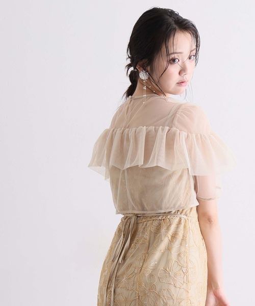 PourVous（プールヴー）の「スパンコール ヨークフリル レース ボレロ パーティードレス セレモニー ミモレ丈&袖あり 結婚式二次会 フォーマル お呼ばれ オケージョンドレス 同窓会成人式（ドレス・レディース・ベージュ/ブルー/ブラック・M）」の13枚目の写真