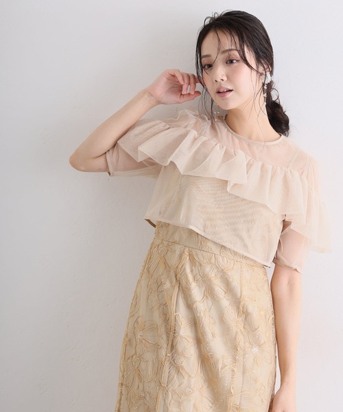 PourVous（プールヴー）の「スパンコール ヨークフリル レース ボレロ パーティードレス セレモニー ミモレ丈&袖あり 結婚式二次会 フォーマル お呼ばれ オケージョンドレス 同窓会成人式（ドレス・レディース・ベージュ/ブルー/ブラック・M）」の14枚目の写真