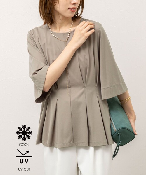 NOLLEY’S(ノーリーズ)の「《接触冷感/UVカット》ウォッシャブルハイスペックジャージペプラムプルオーバー(Tシャツ/カットソー・レディース・ブラック/オフホワイト/ベージュ・38)」の3枚目の写真